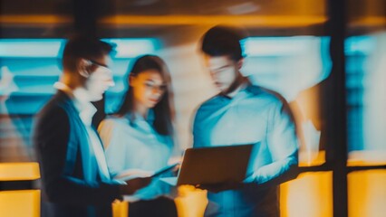 Executive team strategizing with digital technology and a blurred background.
