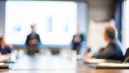 Corporate meeting scene with blurred projections of marketing trends.
