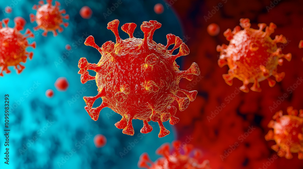 Poster microscopic 3d rendering of virus particles in red and blue background, illustrating viral structure