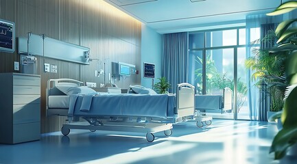 A modern hospital room with comfortable beds and medical equipment, showcasing advanced technology for patient care.
