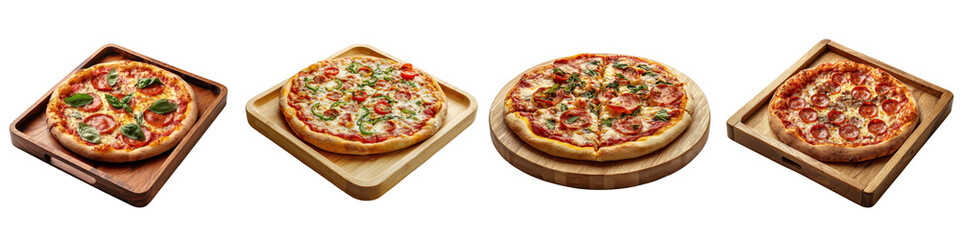Pizza on a wooden tray isolated on white background. Collection PNG.