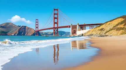 Fototapeta premium Ocean Waves Gently Crashing on Sandy Beach with Iconic Bridge Reflecting in Water