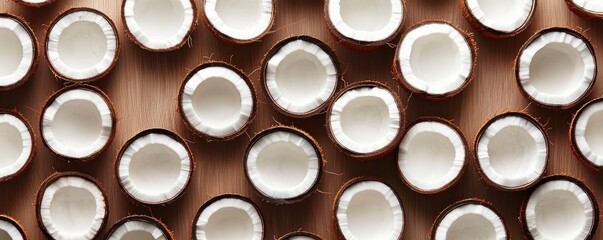 Coconut Palm Fiber A top-down view of halved coconuts arranged neatly on a wooden surface, showcasing their white flesh and dark shells.
