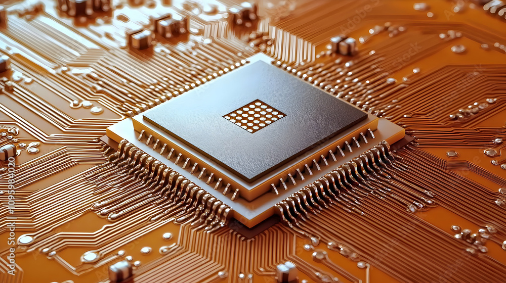 Poster 3d render of microchip integrated circuitry detailing complex connections on motherboard