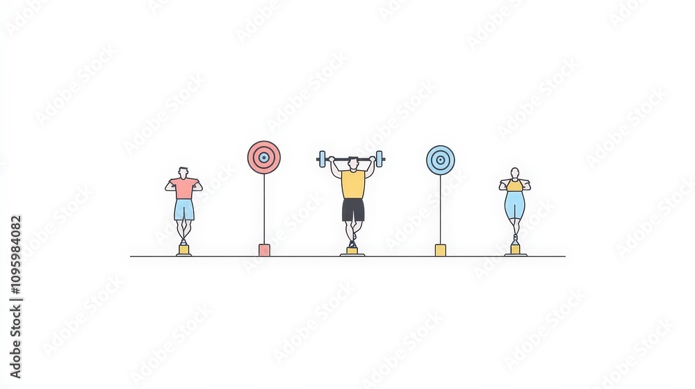 Poster illustrative representation of fitness and training concepts featuring animated characters engaging 