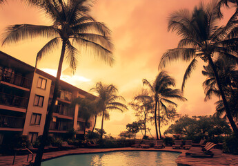 Vintage sunset with palm trees, pink sky.