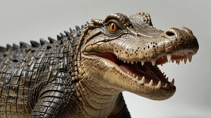 Obraz premium Close-up of a realistic alligator model with open mouth, showing detailed scales and teeth.