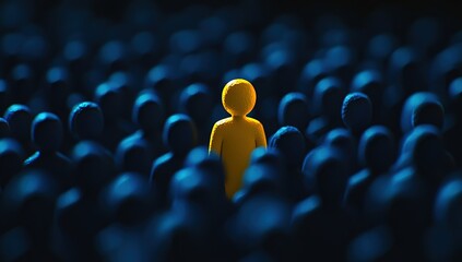 Fototapeta premium Standing Out: One Yellow Figure Among a Crowd of Blue