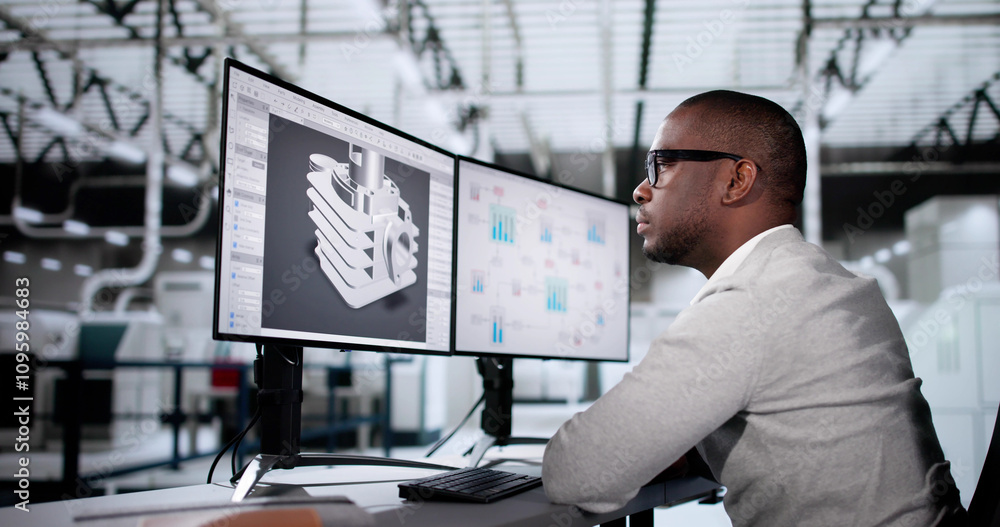 Poster Engineer Doing 3D CAD Model Design On Computer