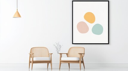 Modern minimalist interior design featuring elegant neutral tones with two stylish chairs and abstract art on the wall, perfect for contemporary living spaces or online portfolios.