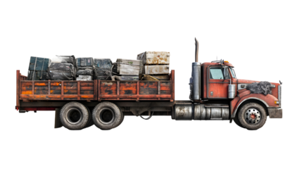 Weathered Vintage Truck Transporting Various Scraps and Metal Materials for Recycling