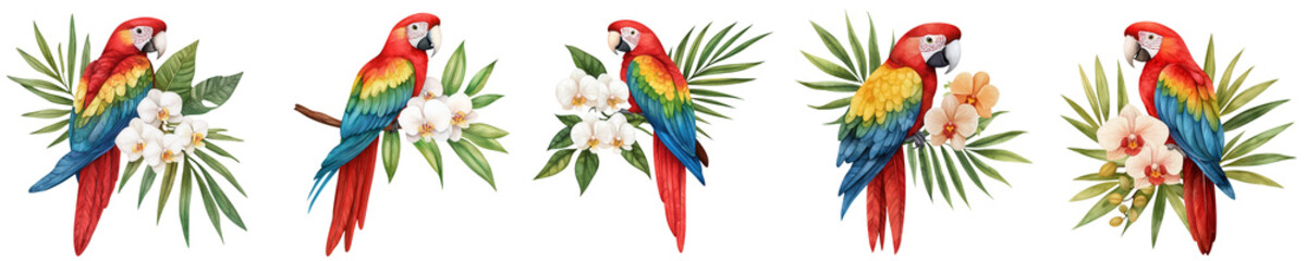Obraz premium Tropical animal, orchid, watercolor clipart, decor, set. Colorful parrots with flowers and leaves on a transparent background.