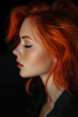 Fototapeta premium A woman with red hair, wearing a green sweater, closes her eyes.