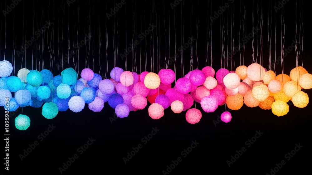 Poster colorful lanterns hanging in vibrant patterns against a dark background, creating a festive atmosphe