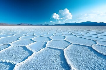 Wide expanses of cracked white salt deserts made of salt on flat land with beautiful clouds on a clear day.