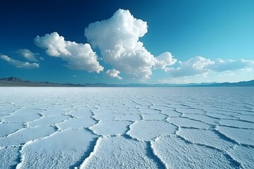 Wide expanses of cracked white salt deserts made of salt on flat land with beautiful clouds on a clear day.