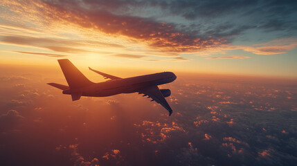 Airplane in mid-flight against a vibrant sunset sky, symbolizing travel and aviation services, dramatic and inspiring stock photography.