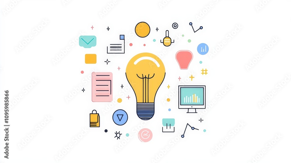 Poster creative design elements and icons featuring light bulb and technology symbols representing innovati