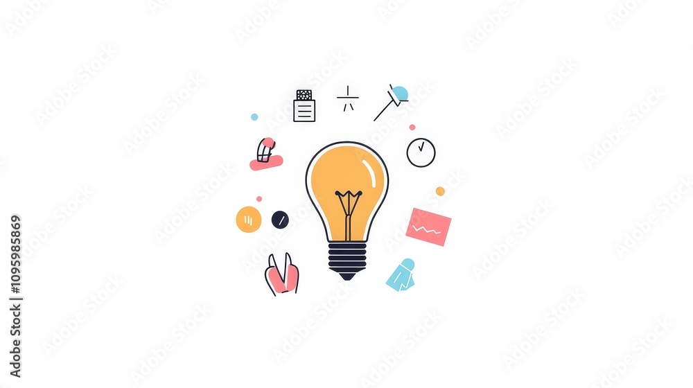 Poster creative concept of idea generation illustrated with light bulb and various symbols representing inn