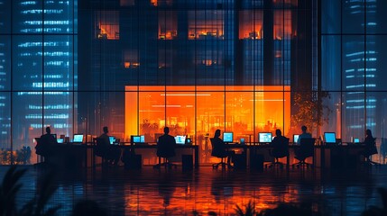 Office workers collaborating urban city digital workspace night high-tech