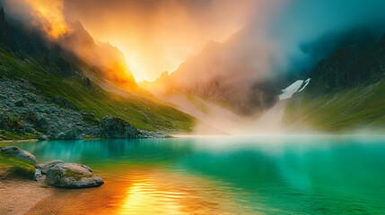 Fototapeta premium Sunrise Illuminates Misty Mountain Lake, Colorful Landscape, Vibrant Hues, Scenic View, Tranquil Nature