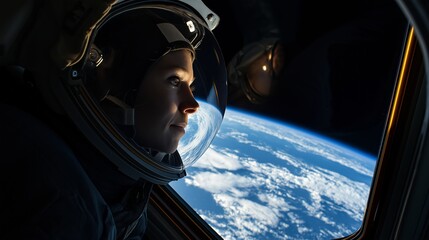 Astronaut gazing at Earth through spacecraft window