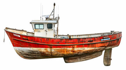 Obraz premium Rusty Red Fishing Boat Isolated on White Background, Detailed View of Weathered Hull and Equipment