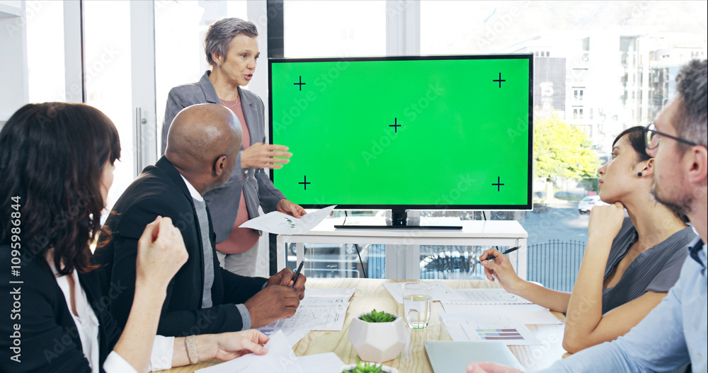 Poster business, people and presentation with green screen in office for finance forecasting or company sal