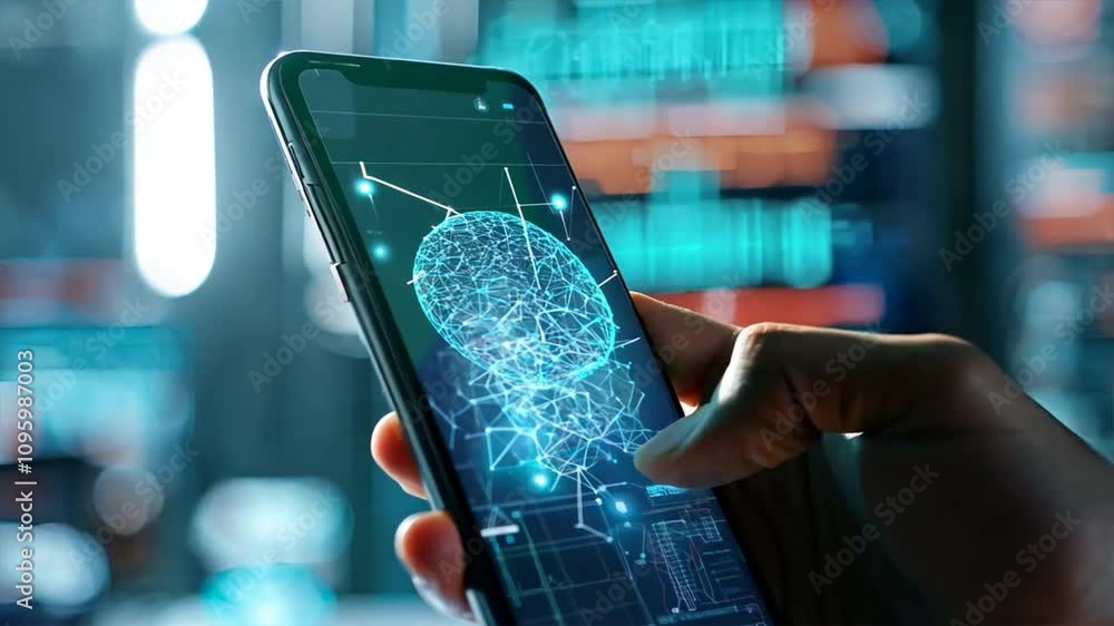 Poster exploring modern connectivity of smartphone technology digital brain interface innovation with touch