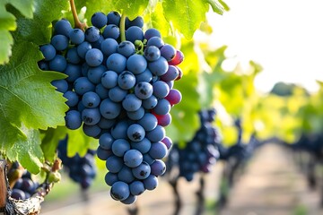 A close-up of ripe grapes hanging on a vine in a vineyard.