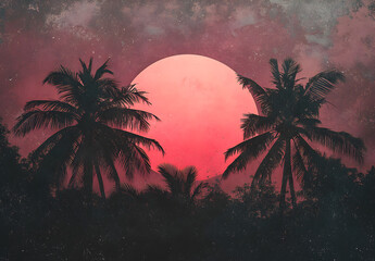 Vintage sunset with palm trees, pink sky.