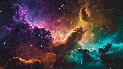 A fantastical cosmic scene with glowing nebulae in vibrant colors like purple, teal, and gold.