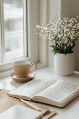 Open journal, coffee cup, flowers, peaceful scene.