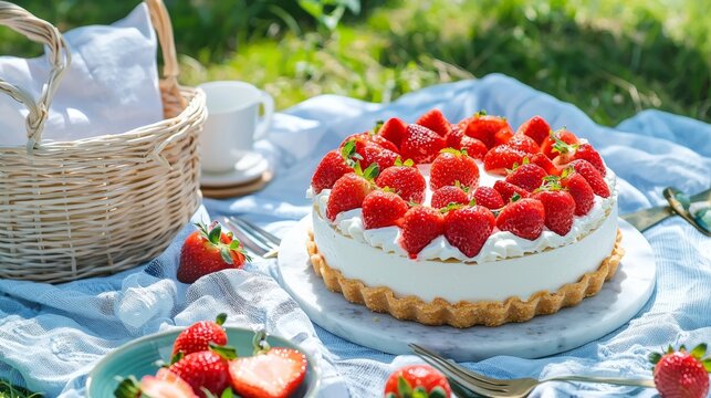Strawberry Garden Tart A beautiful strawberry tart sits on a picnic blanket, surrounded by fresh strawberries and a wicker basket, capturing a perfect outdoor dessert moment.