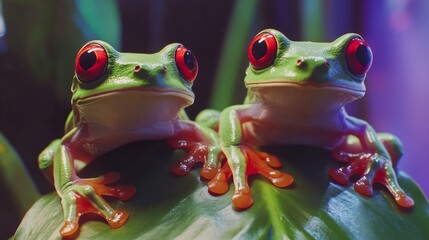 Frogs in close-up rainforest habitat nature photography vibrant colors low angle wildlife behavior and adaptation