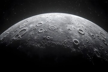 A photo of a gray moon showing the lunar surface showing the trail of a meteor falling in the dark, vast expanse of space.