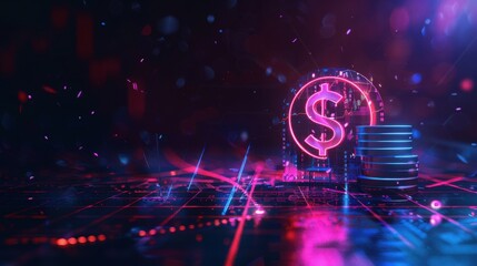 Futuristic Digital Currency Concept with Neon Dollar Sign and Coins, Symbolizing Modern Finance and Technology Innovations in Cryptocurrency Markets