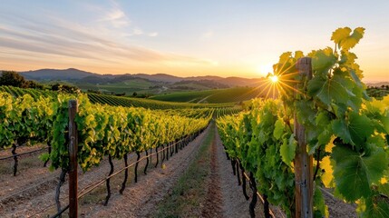 Naklejka premium Sun-Drenched Vineyard with Rolling Hills at Golden Hour, Highlighting Lush Green Grapevines Under a Vibrant Sky