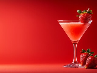 Refreshing strawberry cocktail creation bar counter beverage photography vibrant red background close-up summer vibes