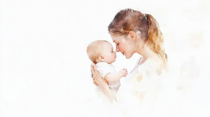 Tender Moments of Connection Between a Loving Mother and Her Baby in a Serene, Ethereal Setting Captured in a Soft Watercolor Style