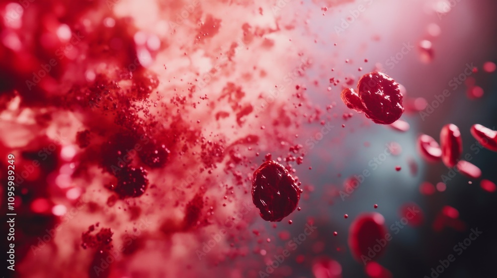Poster dynamic explosion of red particles abstract art digital illustration studio environment close-up vie