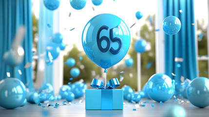 Fototapeta premium 3D Render: Blue Balloon with Number 65 on a Gift Box Surrounded by Confetti