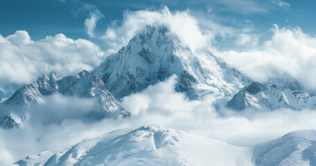 Majestic snow-capped peak rises above the clouds in a breathtaking winter landscape