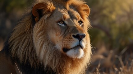 Fototapeta premium Majestic male lion portrait at sunset, golden light illuminating its mane.