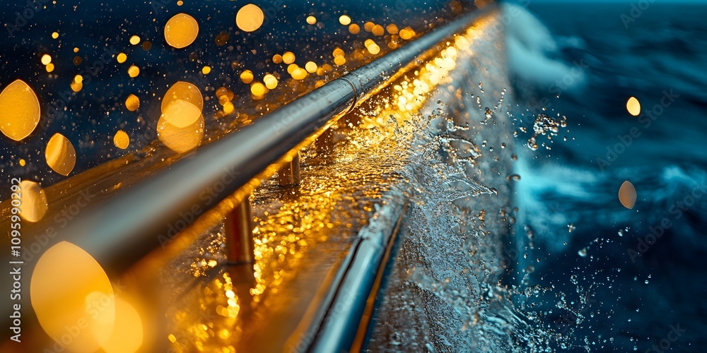 Poster a close-up of a wet railing with water splashes, illuminated by warm light.