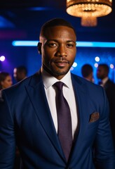 Portrait of confident african american businessman at nightclub black businessman portrait Ultra realistic Photorealistic hyperdetailed photography soft light head and shoulders portrait cover