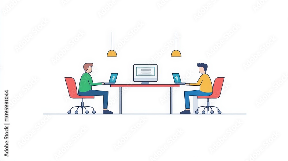Poster two young men working together in a modern office environment at a long table with computer screens 