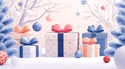 Colorful Christmas Presents Surrounded by Decorated Trees and Snowflakes in a Joyful Winter Wonderland Scene