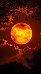 Obraz premium Fiery Sunset Moon: A Realistic Digital Painting of a Large, Orange Moon Rising Behind Silhouetted Trees, Dramatic Cloudscape