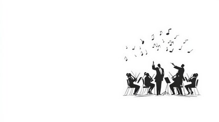 Obraz premium Musical Performance with Silhouette of Orchestra and Conductor Against White Background, Ideal for Music and Arts Related Themes and Projects